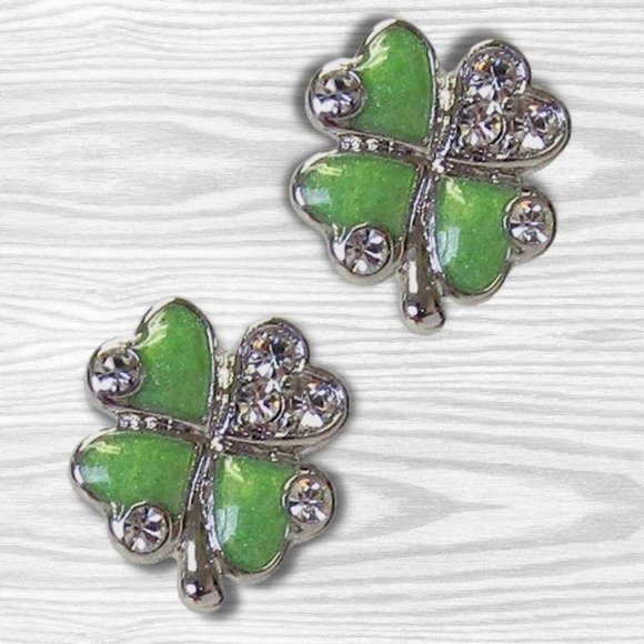Lucky Green Four Leaf Clover Sparkle Earrings Irish Bling Shamrock - Picture 1 of 6